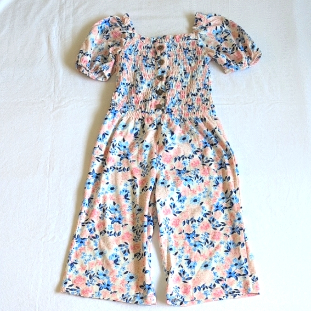 BCBG girls floral smocked puff sleeve cropped wide leg jumpsuit size 4